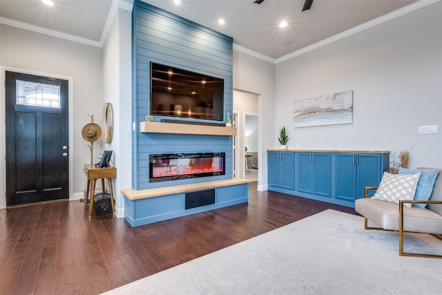 living room with crown molding, a fireplace, and dark hardwood / wood-style flooring