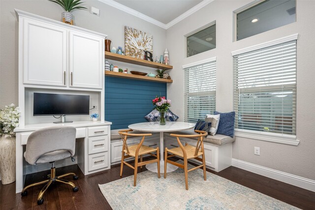 living room featuring ornamental molding, dark hardwood / wood-style floors, and a wealth of natural light