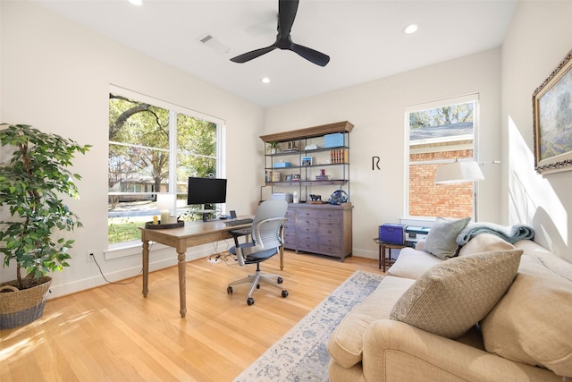 office space featuring a healthy amount of sunlight, ceiling fan, and light hardwood / wood-style flooring