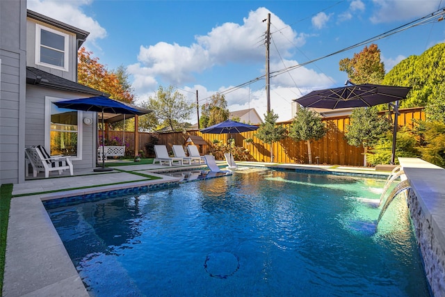 view of pool featuring a patio and pool water feature