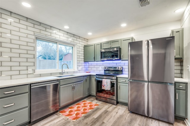 kitchen featuring stainless steel appliances, sink, light hardwood / wood-style floors, and decorative backsplash