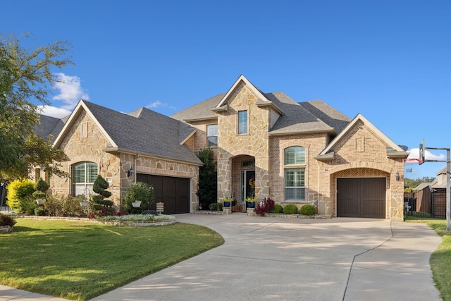 french country style house with a garage and a front lawn