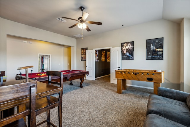 recreation room featuring vaulted ceiling, carpet flooring, ceiling fan, and billiards