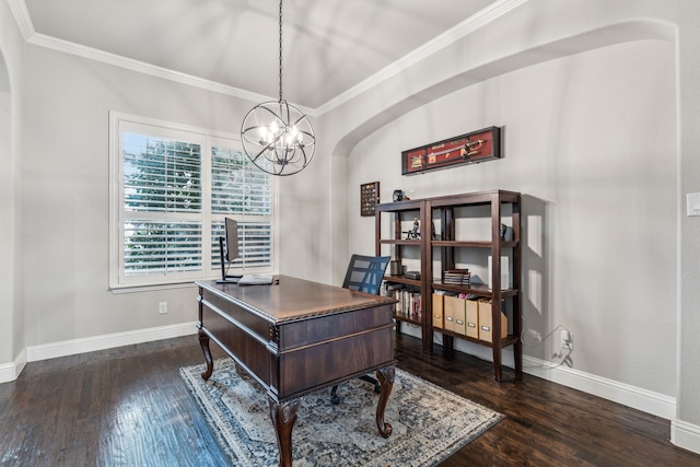 office with crown molding, dark hardwood / wood-style floors, and a chandelier