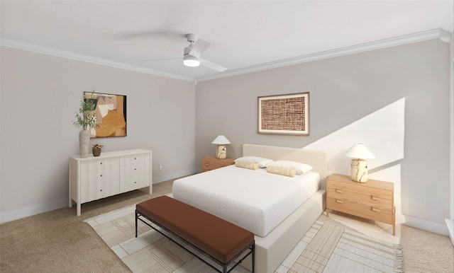 bedroom featuring crown molding, light colored carpet, and ceiling fan