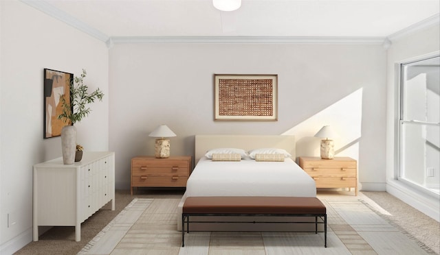 bedroom with crown molding and carpet floors