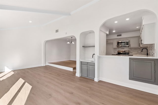 kitchen with gray cabinetry, light hardwood / wood-style flooring, stainless steel appliances, and tasteful backsplash