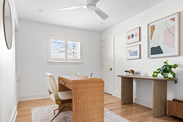 dining space featuring ceiling fan and light wood-type flooring