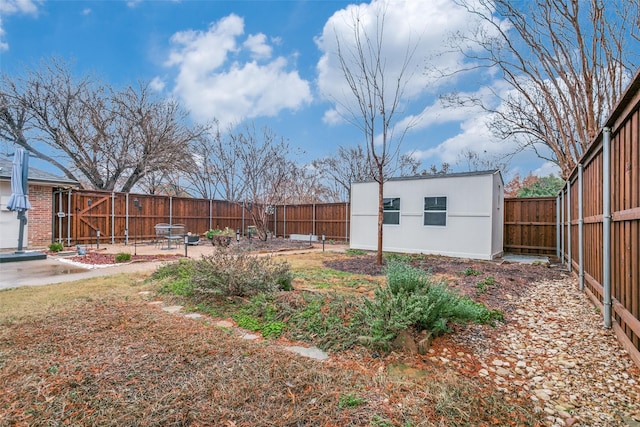 view of yard featuring a storage unit