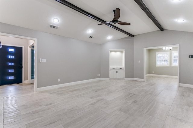 interior space with ceiling fan with notable chandelier and lofted ceiling with beams