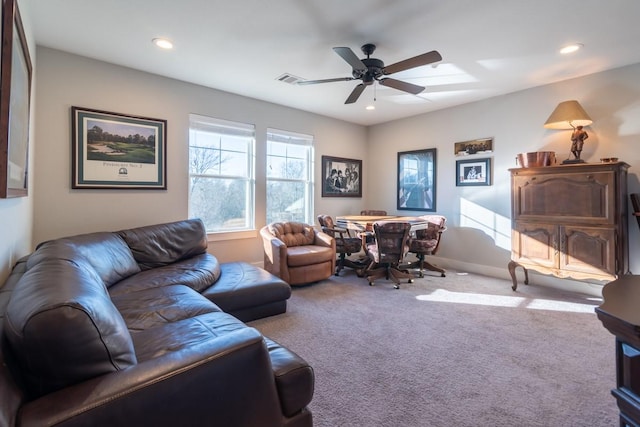 living room featuring carpet flooring, recessed lighting, and ceiling fan