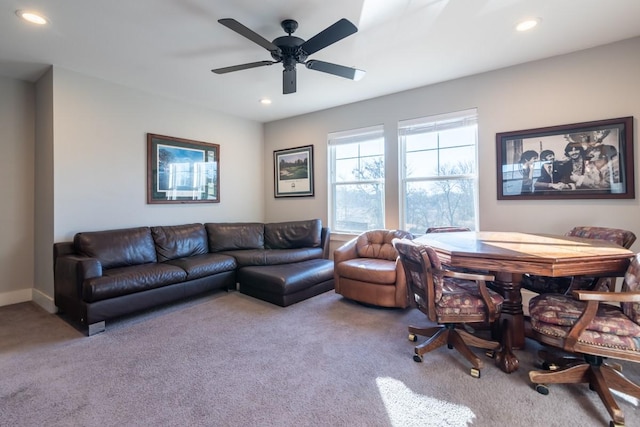 carpeted living room with recessed lighting, baseboards, and ceiling fan