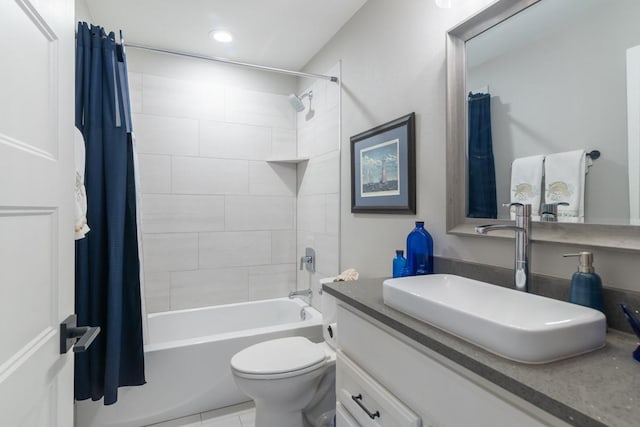 bathroom with vanity, recessed lighting, shower / bath combo, tile patterned floors, and toilet