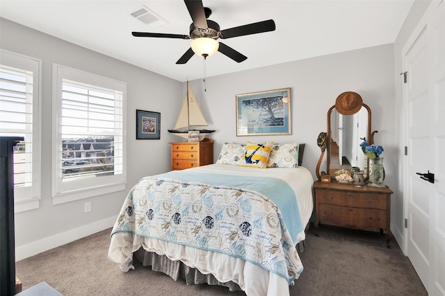 bedroom featuring carpet flooring and ceiling fan