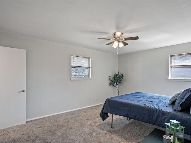 bedroom featuring multiple windows, ceiling fan, and carpet