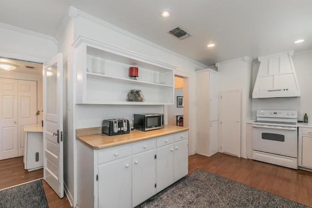 kitchen featuring white cabinets, custom exhaust hood, electric range, and dark hardwood / wood-style flooring