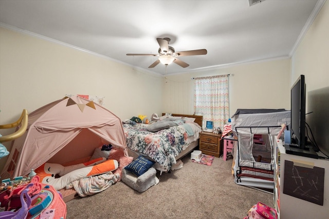 bedroom featuring crown molding, carpet flooring, and ceiling fan