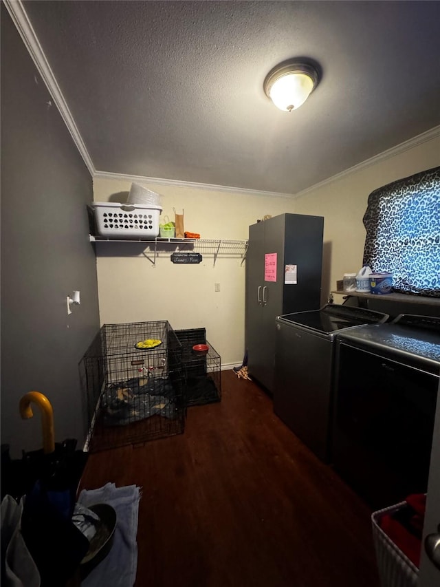 kitchen featuring ornamental molding, dark wood-style flooring, refrigerator, freestanding refrigerator, and a textured ceiling