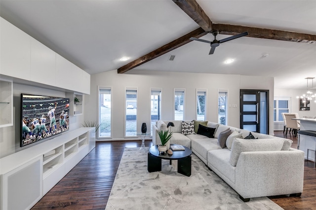 living room featuring lofted ceiling with beams, wood-type flooring, ceiling fan with notable chandelier, and built in shelves