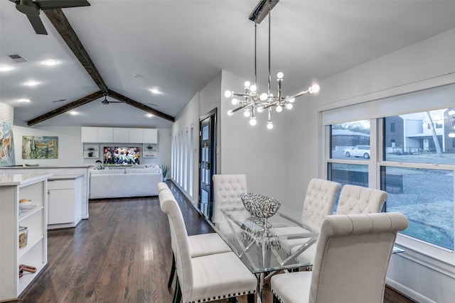 dining area featuring ceiling fan with notable chandelier, vaulted ceiling with beams, and dark wood-type flooring