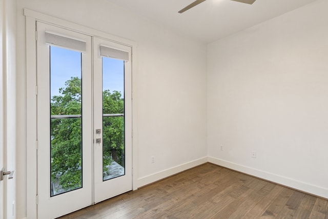 doorway to outside featuring ceiling fan and wood-type flooring