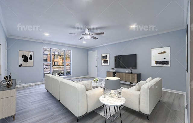 living room featuring ceiling fan and ornamental molding