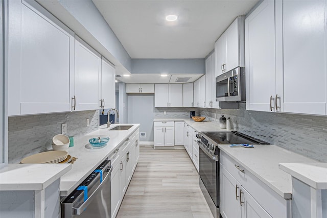 6004 E University Blvd Unit 131, Dallas, TX 75206 - kitchen featuring decorative backsplash, a sink, white cabinets, light wood-style floors, and stainless steel appliances