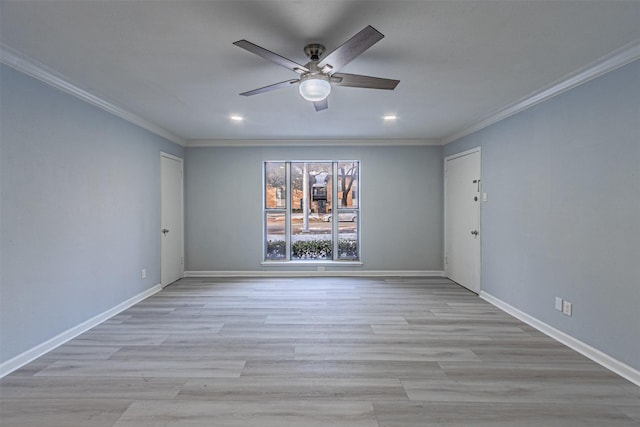 unfurnished room with ceiling fan, ornamental molding, and light hardwood / wood-style flooring