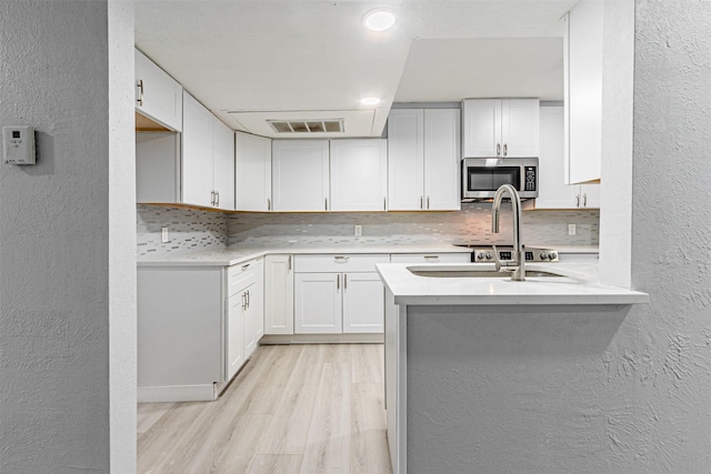 kitchen featuring decorative backsplash, kitchen peninsula, white cabinets, and light wood-type flooring