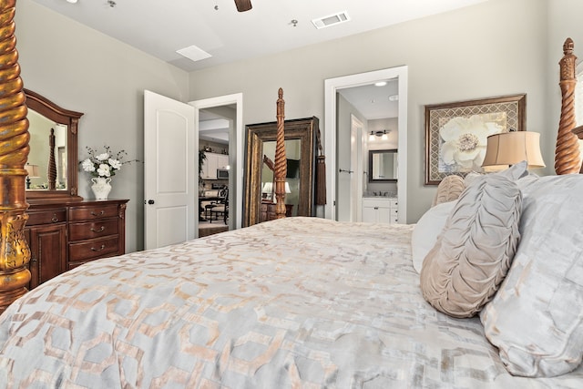 bedroom featuring ensuite bathroom and ceiling fan