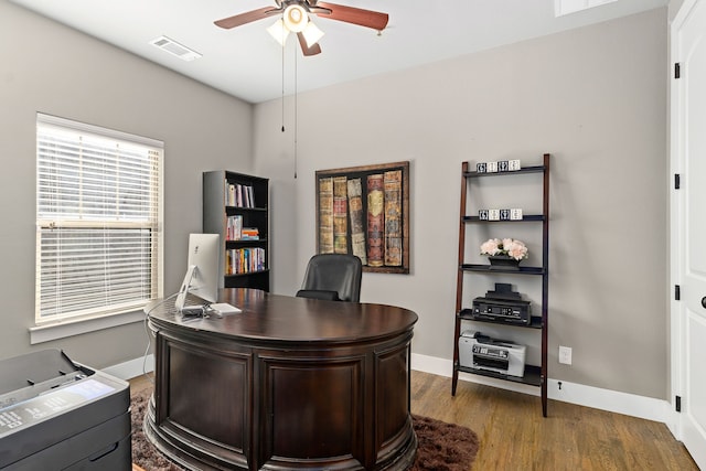 office featuring ceiling fan and hardwood / wood-style floors