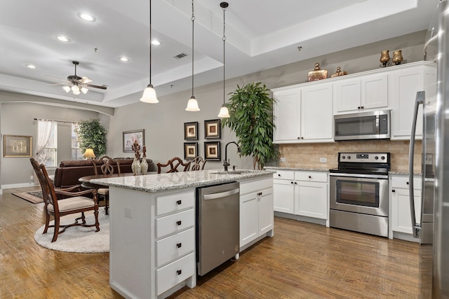 kitchen featuring stainless steel appliances, light stone counters, an island with sink, white cabinets, and a raised ceiling