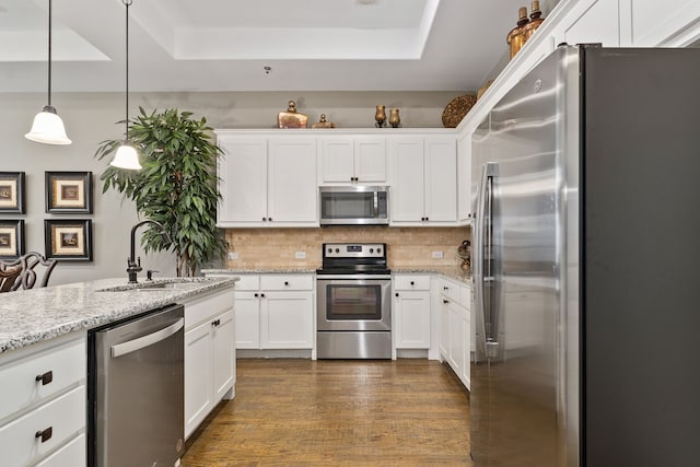 kitchen featuring sink, a tray ceiling, white cabinets, and appliances with stainless steel finishes