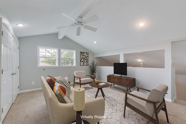 living room with ceiling fan, light colored carpet, and vaulted ceiling with beams