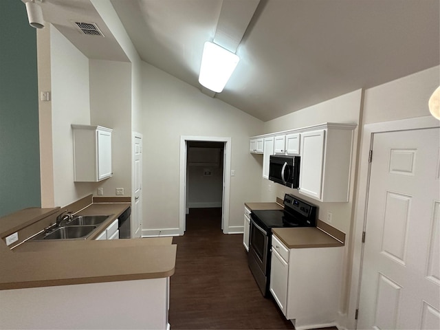 3922 University Dr, Garland, TX 75043 - kitchen with appliances with stainless steel finishes, a sink, lofted ceiling, dark wood-type flooring, and white cabinets