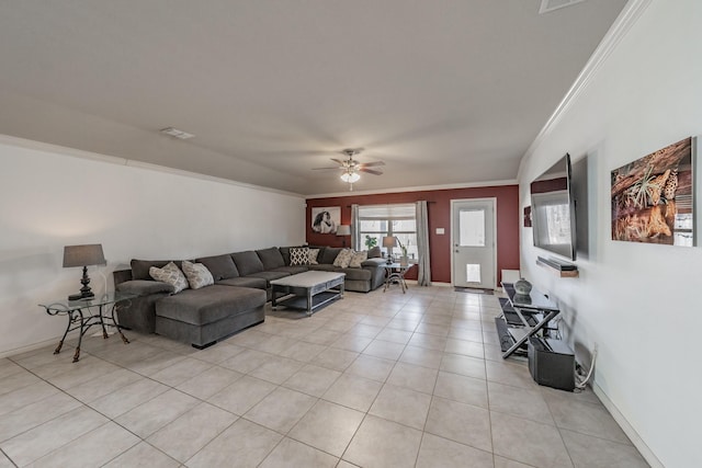 tiled living room featuring ornamental molding and ceiling fan