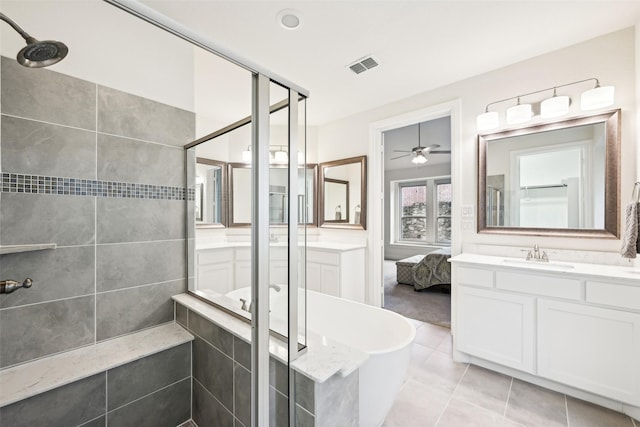 bathroom featuring ceiling fan, tile patterned floors, vanity, and independent shower and bath