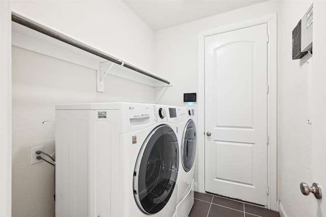 washroom featuring dark tile patterned flooring and washer and clothes dryer