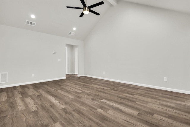 unfurnished living room featuring hardwood / wood-style flooring, ceiling fan, high vaulted ceiling, and beamed ceiling