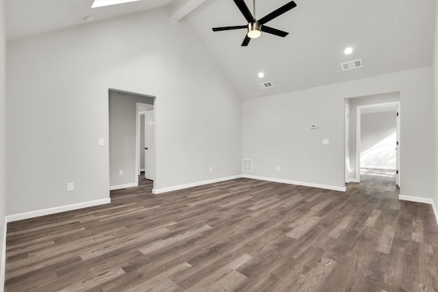 unfurnished living room featuring ceiling fan, dark hardwood / wood-style floors, a skylight, and beam ceiling