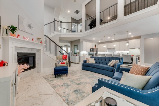 living room with a fireplace