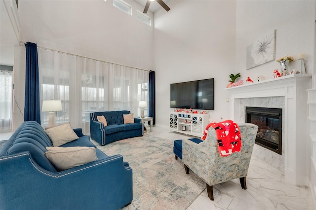 living room featuring a fireplace