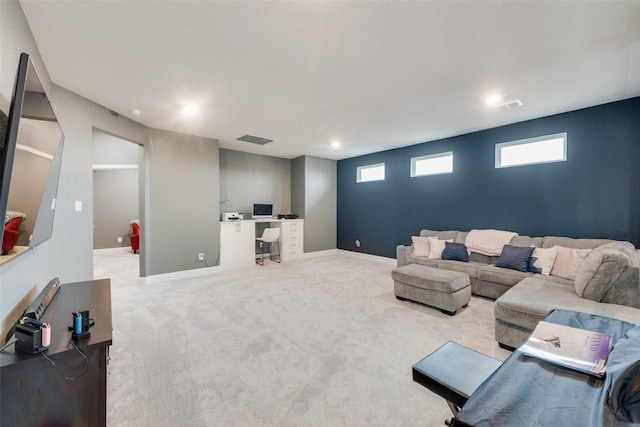 living room with light colored carpet