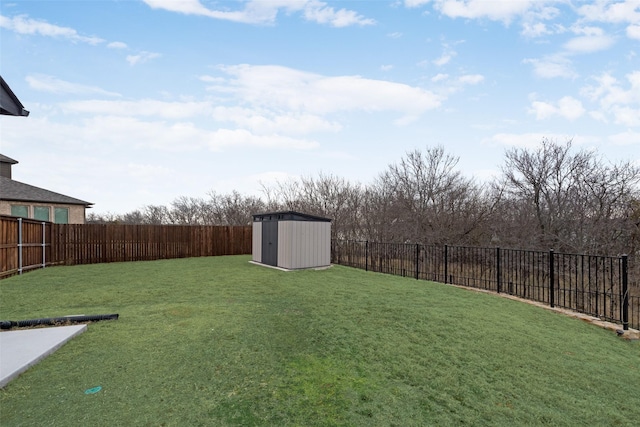 view of yard featuring a storage shed