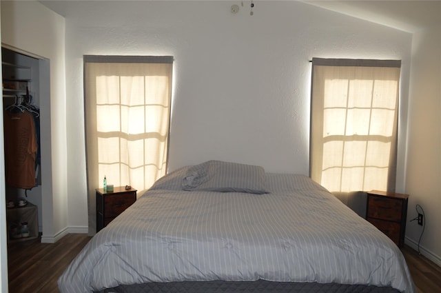 bedroom with multiple windows and dark wood-type flooring