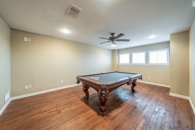 playroom with dark wood-type flooring, pool table, and ceiling fan