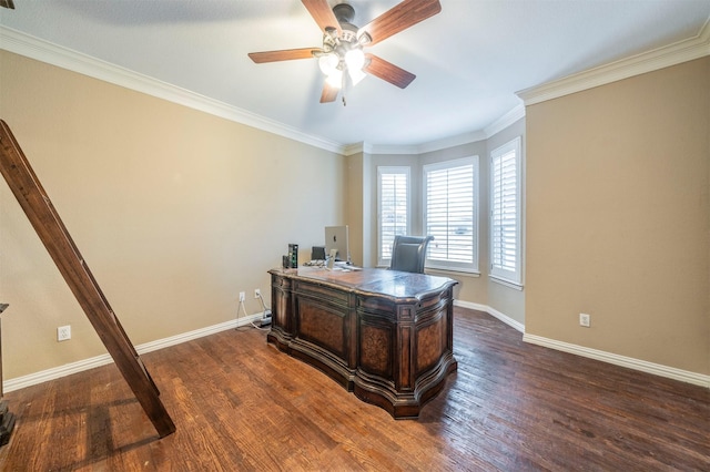 office with crown molding, dark wood-type flooring, and ceiling fan