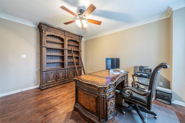 home office featuring ornamental molding, dark hardwood / wood-style floors, and ceiling fan