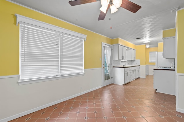 kitchen featuring white cabinetry, ceiling fan, and decorative backsplash