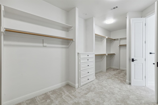 walk in closet with light colored carpet